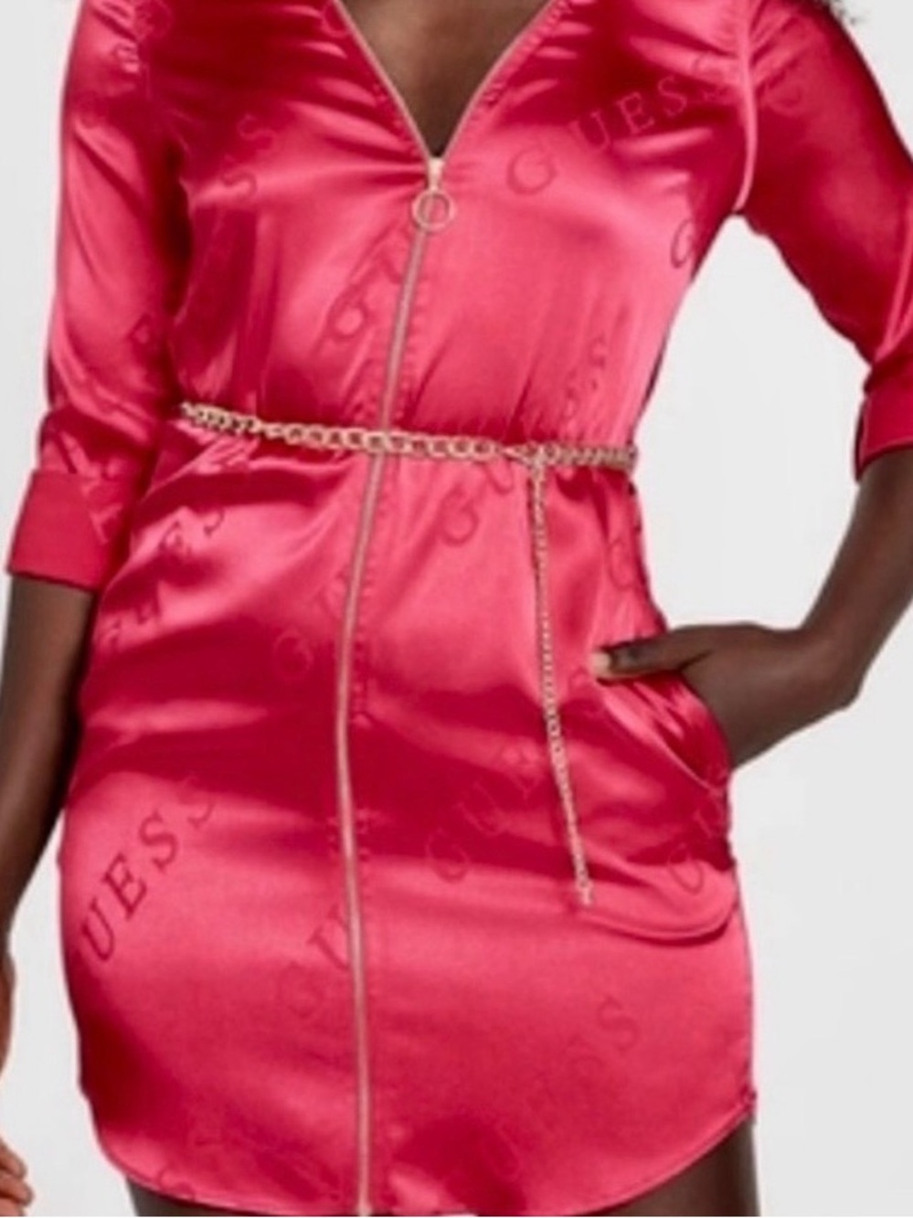 👗NWT GUESS XL Dragonfruit Zip-Front Dress with Gold Chain MSRP $70
